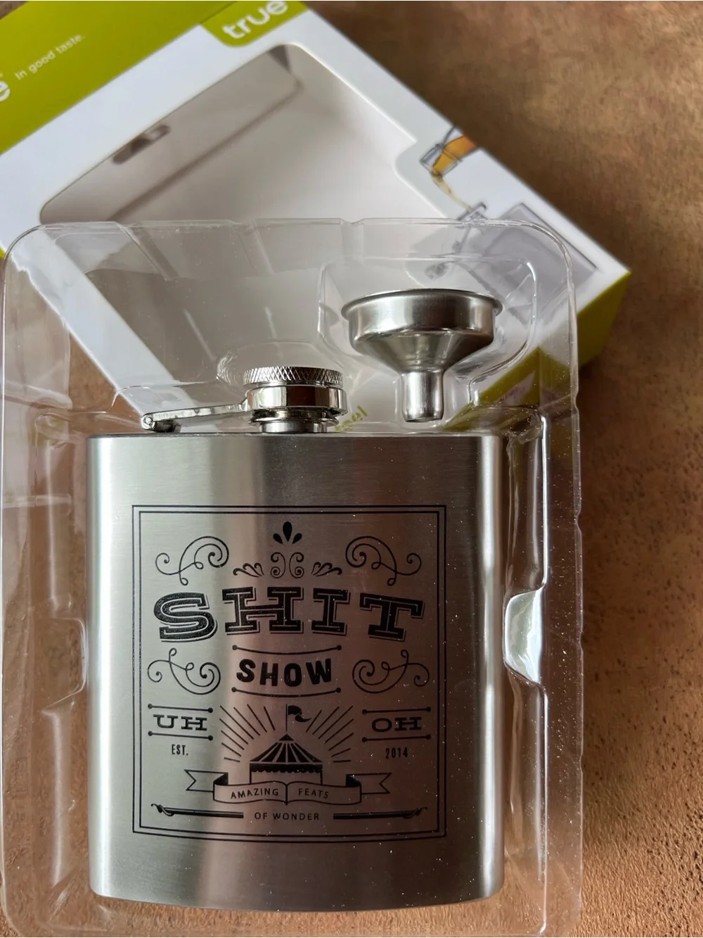 True Stainless Steel 6 oz Flask in Silver - 💩 show Novelty Engraved